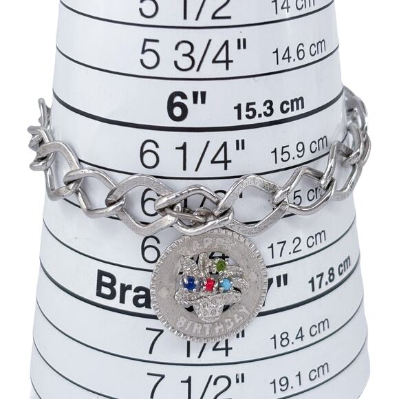 Vintage Sterling Silver 925 | Glass Bead Happy Birthday Charm Bracelet | 7" - Picture 10 of 11